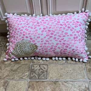 Lilly Pulitzer Indoor Outdoor throw pillow “heart and sole” poms fish gold pink